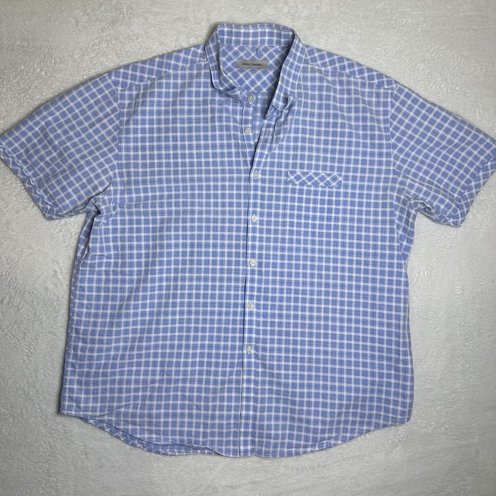 James Campbell Men's XXL Short Sleeve Button Down Shirt Blue White Gingham Plaid